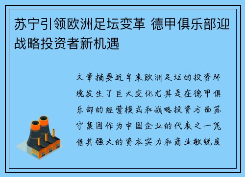 苏宁引领欧洲足坛变革 德甲俱乐部迎战略投资者新机遇