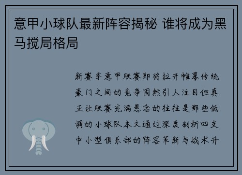 意甲小球队最新阵容揭秘 谁将成为黑马搅局格局
