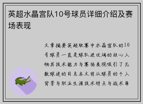 英超水晶宫队10号球员详细介绍及赛场表现